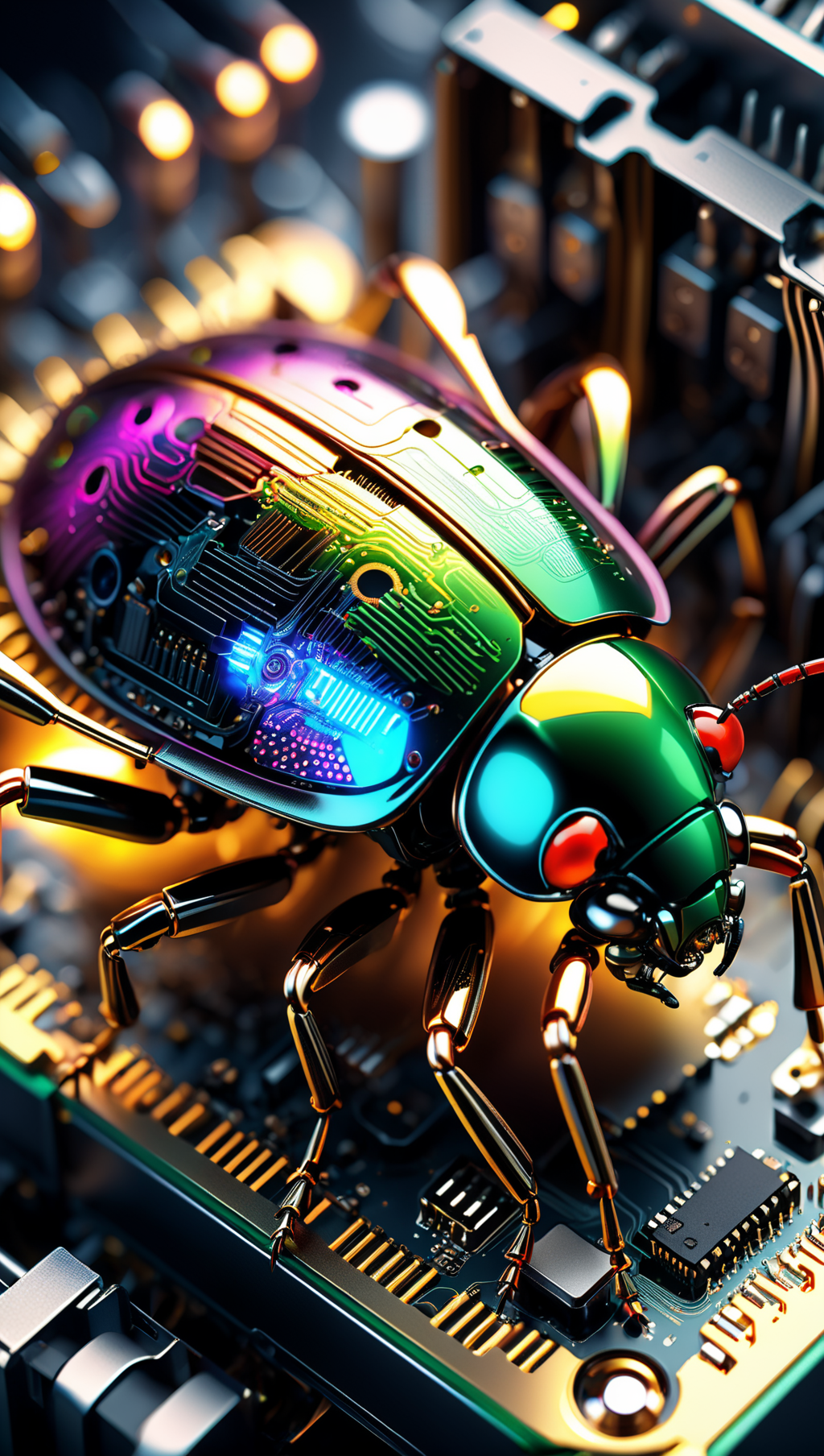 00728-3881507980-A bug made of electronic components, inside a computer case, eating computer components, with sparks and led lights., ultra hd,.png